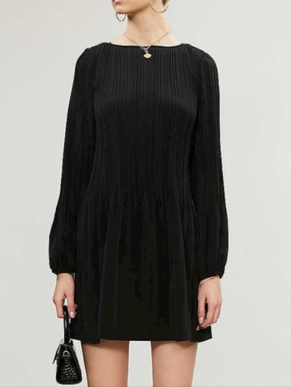 Maje Rockin Pleats Black Mini Dress Plisse Long Puff Sleeve Party Evening SM